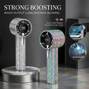 Diamond-Shimmering Luxury Fan-A Portable Handheld Turbo Fan 3 Gear Wind Rechargeable Long Battery Life Hand Fan With Digital Display For Outdoor Activities Travel Office Strong Boosting Output Long Distance Blowing