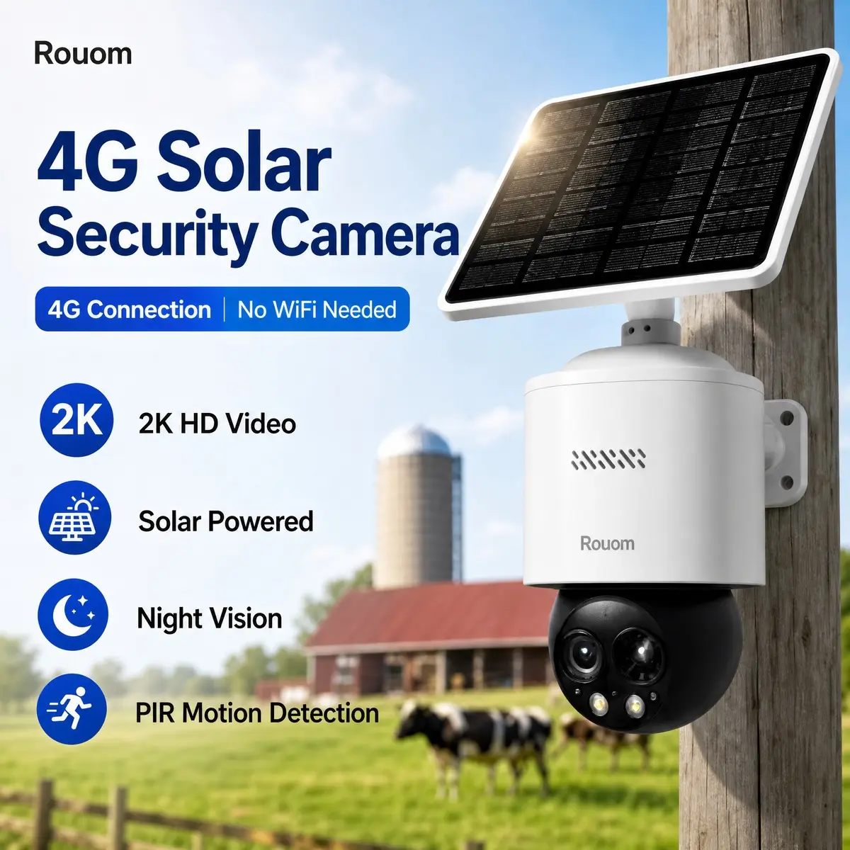 Rouom 4G LTE Solar Security Camera Outdoor Wireless Solar , 2K Night Vision, No WiFi Needed, Built-in SIM & Storage, PIR Human Detection, 2-Way Talk, IP66 Waterproof for Home, Farm Surveillance Cameras Kit，360° cámara mini