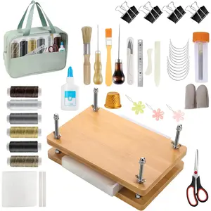 56 Pcs Bookbinding Supplies Kit –6-Color Thread Needles, Awl, Scoring Folder, Book Cloth & Storage Bag, 11.6 x 7.8 Inch Book Repair Kit, Wooden Bookbinding Press for DIY BookRepair, Handmade Crafs