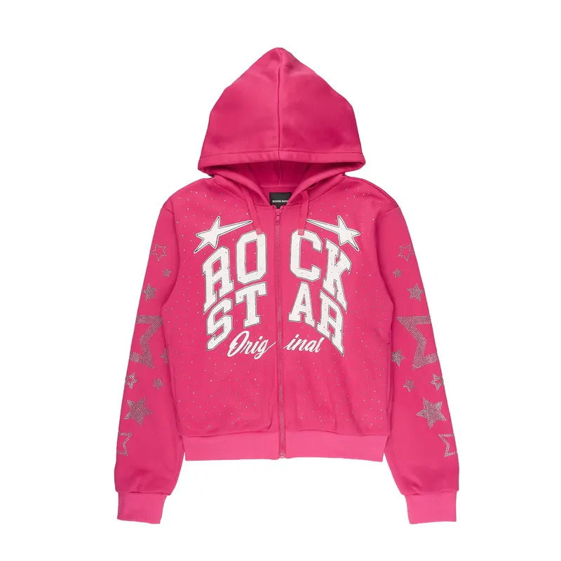 Flaveya Pink Rhinestone Zip Up Hoodie
