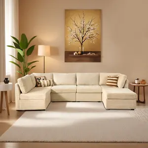 V Shaped Sectional Couch,Plush Corduroy Wide Seat with Ottoman, Fluffy Cushions, Modern Corner Sofa Corduroy for Living Room,Apartment, Office, Free combination