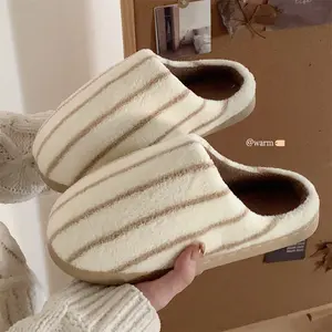 Warm Memory Foam Comfy House Slippers with Anti-Skid Rubber Sole for Indoor & Outdoor Use for Women Men Striped Design