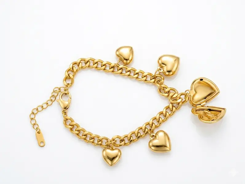 18K Gold Plated Heart Charm Locket Bracelet – Chunky Curb Chain with Five Polished Heart Pendants