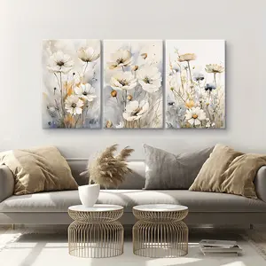 Room Decor 3pcs Vintage Wildflower Canvas Wall Art Set, Watercolor Floral Design, Wooden Framed Home Decor for Living Room, Bedroom, Hallway - Elegant Gift Idea, Aesthetic Room Decor, 2D, Perfect for Room Decor Hanging Print Ornaments Decoration