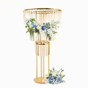 Wedding gold vase center piece crystal flower stand with hanging crystal, 3-layer round chandelier base, used for wedding road guide T stage flower arrangement decoration