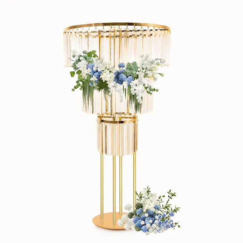 Gold Crystal Wedding Centerpiece Vase Stand - 3-Round-Layer Geometric Chandelier Base with Hanging Crystals, Versatile Decor for Wedding Setting, Valentines Day T-Stage Road Guide Flower Arrangements