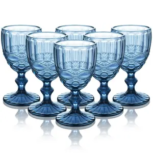 Vintage Wine Glasses Sets of 6,Blue Goblet Wine Glass,Colored Water Goblets,Blue Drinking Glasses for Wedding Party Bar Holidays Anniversary (240ml/8oz, Blue )