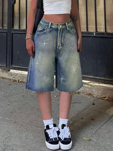 Y2K Vintage Wide-Leg Bermuda Denim Shorts with Heart Diamond Design, Casual Loose Fit Pocket Shorts for Stylish Summer Wear