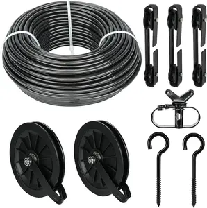Clothesline Kit, 150ft Black PVC Coated Galvanized Clothes Line Pulley Kit with 6.3" Clothesline Pulley, M8, 3Pcs Separator, Clothes Line