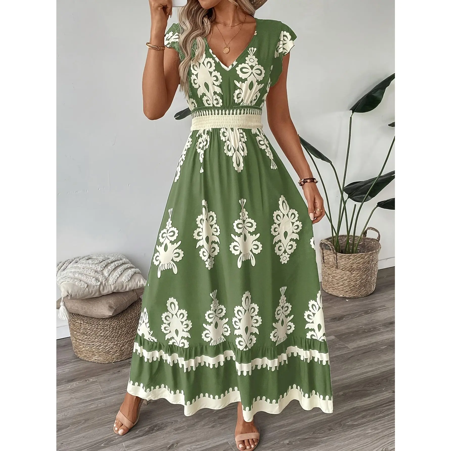 YYW1 Women's Navy Floral Print Woven A-Line Dress, Casual V-Neck Summer Vacation Style with Ruffled Cap Sleeves, 100% Polyester, Adult, Clothes