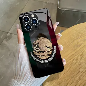 Mexican Golden Eagle Emblem and national flag New Glass Case Design Suitable for iPhone 17 16,15,14,13,12,11 Plus Pro Max and Samsung S25 S24 S23 S22  952