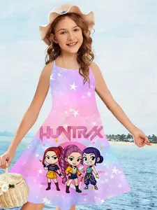 Idol Girl Group K-Pop Backless Dress, Starry Q-Version 3D Printed Casual Summer Fashion, Comfortable Soft Daily Wear