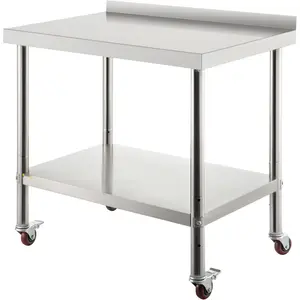 Stainless Steel Prep Table With Backsplash And Adjustable Undershelf, 36 X 24 X 35 Inches, 440 Lbs Load Capacity, Heavy-Duty Metal Worktable On Four Casters, Mobile Commercial Kitchen Station For Restaurants