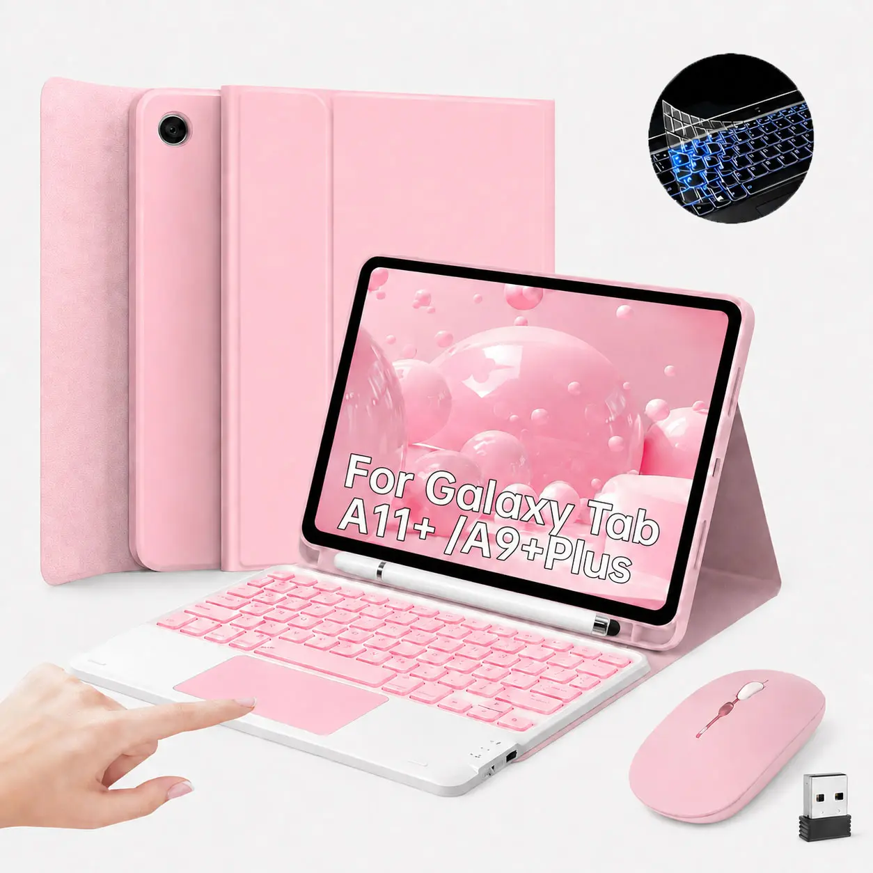 Case with Keyboard Mouse for Samsung Galaxy Tab A11 Plus/A9 Plus 2026/2023 11 inch, 7 Color Rainbow Backlight Detachable USB-C Keypad Magnetic Case with Pen Slot, Wireless Mouse, Stylus Pen & Keyboard Protector Film for Tablet A11+ A9+, Pink
