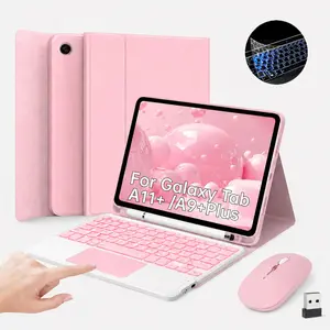 Case with Keyboard Mouse for Samsung Galaxy Tab A11 Plus/A9 Plus 2026/2023 11 inch, 7 Color Rainbow Backlight Detachable USB-C Keypad Magnetic Case with Pen Slot, Wireless Mouse, Stylus Pen & Keyboard Protector Film for Tablet A11+ A9+, Pink