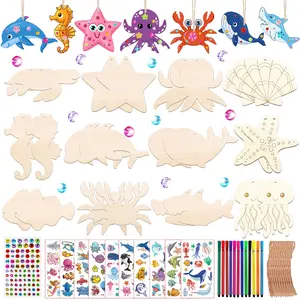 163 Piece Ocean Animal Theme Kids Wood Crafting Kit, DIY Birthday Handmade Set, Includes 24 Blocks, 24 Strings, 12 Watercolor Pens, Art Stickers, Creative Gift, Craft Kits