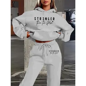 Women'sCasualTwo-PieceSet-'StrongerThantheStorm'LetterPrintHoodieandPants,White,LooseFitwithPockets,PerfectforAutumnandWinter,ComfortableClothing|LooseFitHoodie