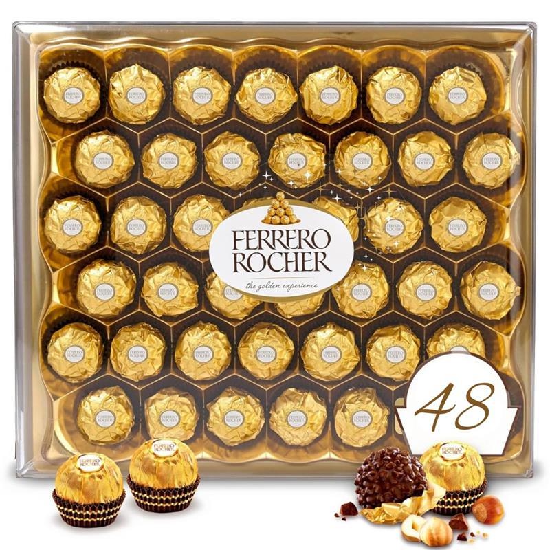 Ferrero Rocher, 48 Count, Premium Gourmet Milk Chocolate Hazelnut Holiday Gift Box, 21.2 Oz Snack Bonbon Dessert Creamy Ferrero Rocher