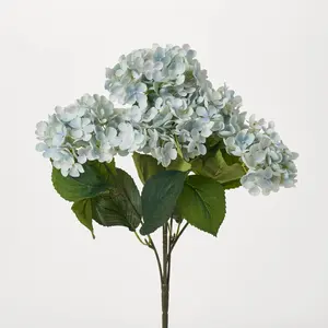 Powder Blue Silk Hydrangea Blooms Faux Floral Bush Stem Bouquet - 18"