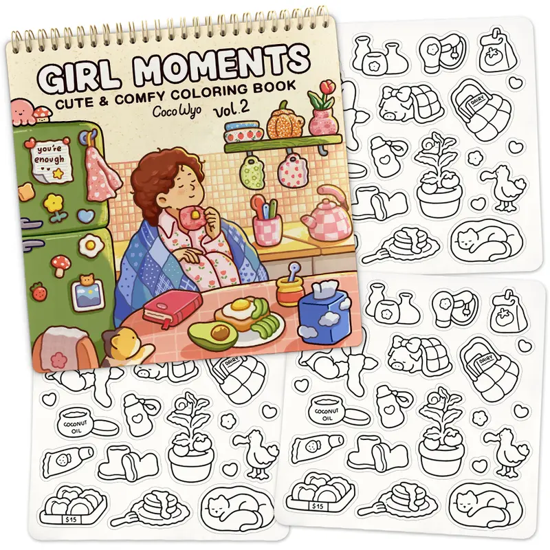 Coco Wyo Girl Moments Vol.2 Coloring Book (Spiral Bound) & Sticker Set - Beginner-Friendly Adult Coloring, Cute Girly Designs, Cozy Coloring, Stress Relief & Relaxation, Art Gifts, Women