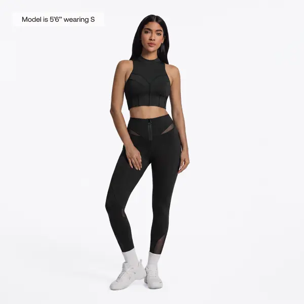 BetterMe Women's Zip Front Mesh Leggings in Black with Sheer Panels – Smooth Polyester Spandex Fit for Gym & Everyday Womenswear, Bottom