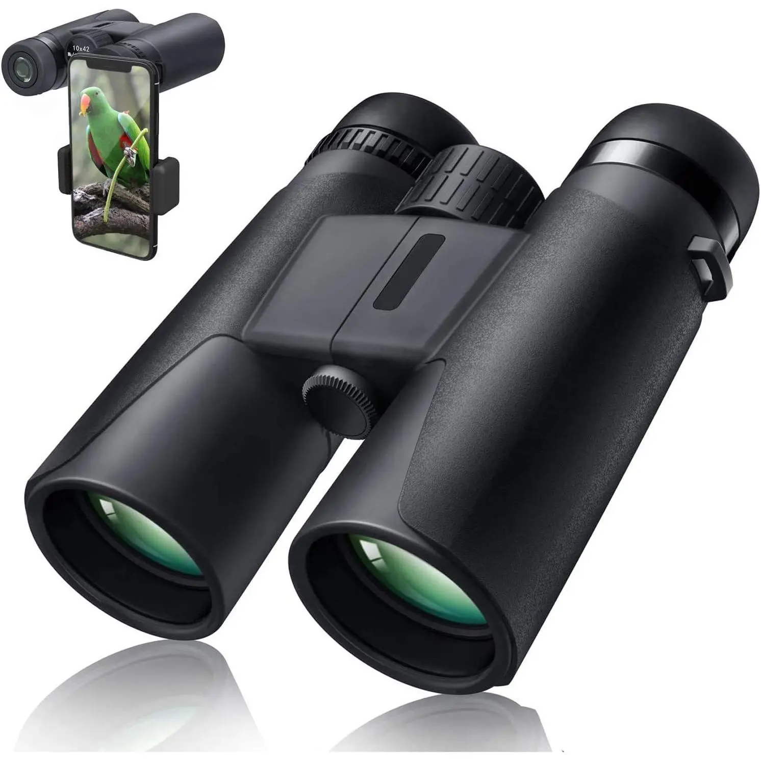 10x42 Waterproof Aluminium Body Professional Adult Bird Watching Binoculars Kit with Central Focus, Tripod Mount, Tripod, Smartphone Adapter - for Hunting (Green)
