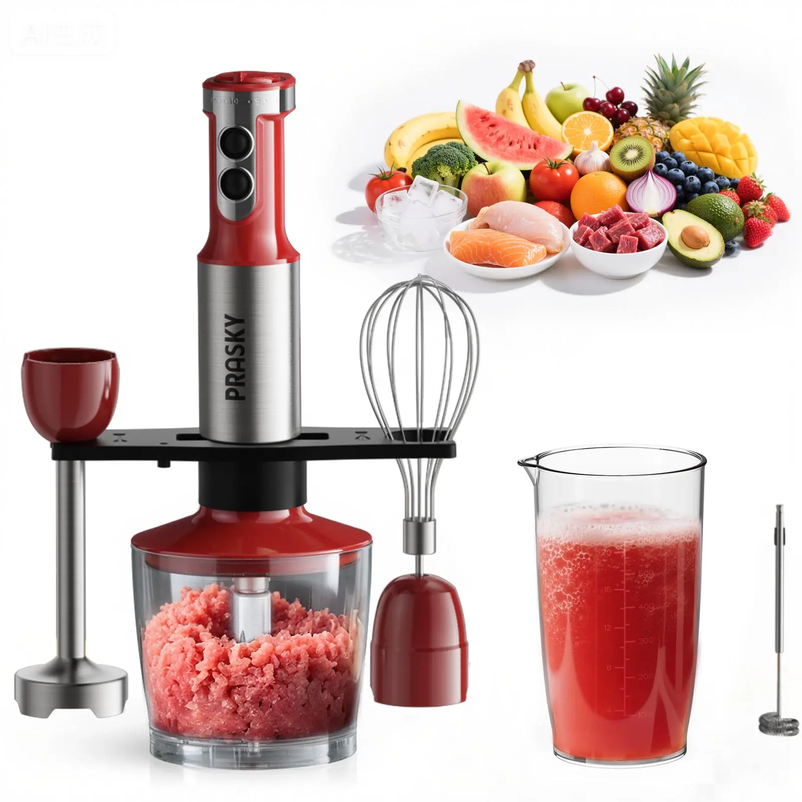 Prasky Electric Immersion Blender - 6-in-1 110V Battery-Free Handheld Blender with 20-Speed Control & Turbo Mode, 800ml Mixing Beaker, 600ml Chopper Bowl, 4-Leaf Sharp Blades, Whisk, Milk Frother, Durable Household Kitchen Appliance for Shakes, Blender Se