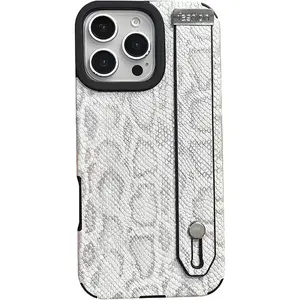 Strap Holder Case for 6.9" iPhone 16 Pro Max with Kickstand - Wrist Strap Band Snake Pattern Textured Soft Shockproof Cover, Adjustable Handle Grip Loop for iPhone 16 Pro Max 6.9 Inch, White