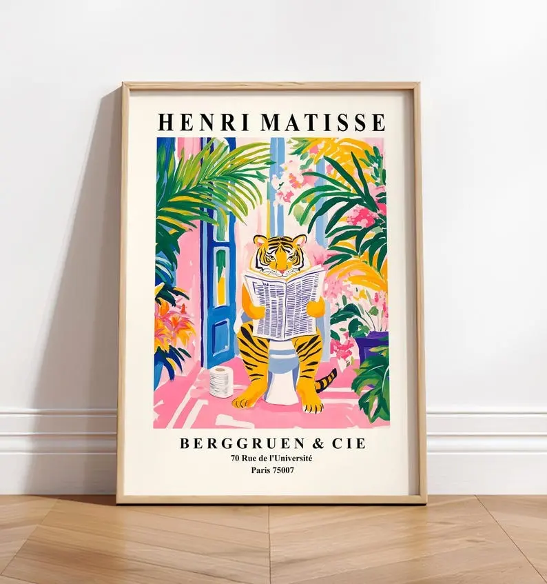 Tiger on a toilet, Funny bathroom wall art, Pink dopamine decor, Matisse print, Mid century modern art