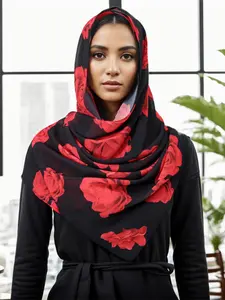 Women's Fashion Rose Print Pearl Chiffon Scarf, Sun Protection Floral Print Shawl, Elegant Outdoor Accessory, Stylish Headscarf for Ladies