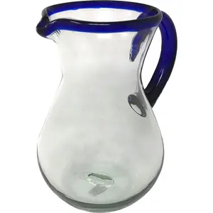 Mexican Hand Blown Glass Pitcher - Cobalt Blue Rim and Handle (84 oz)