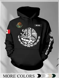 Men's Mexican Eagle Snake Hoodie, Winter Casual Fitted Sweatshirt, Cartoon Pattern Graphics, Street Style, National Cultural Trendy Clothing