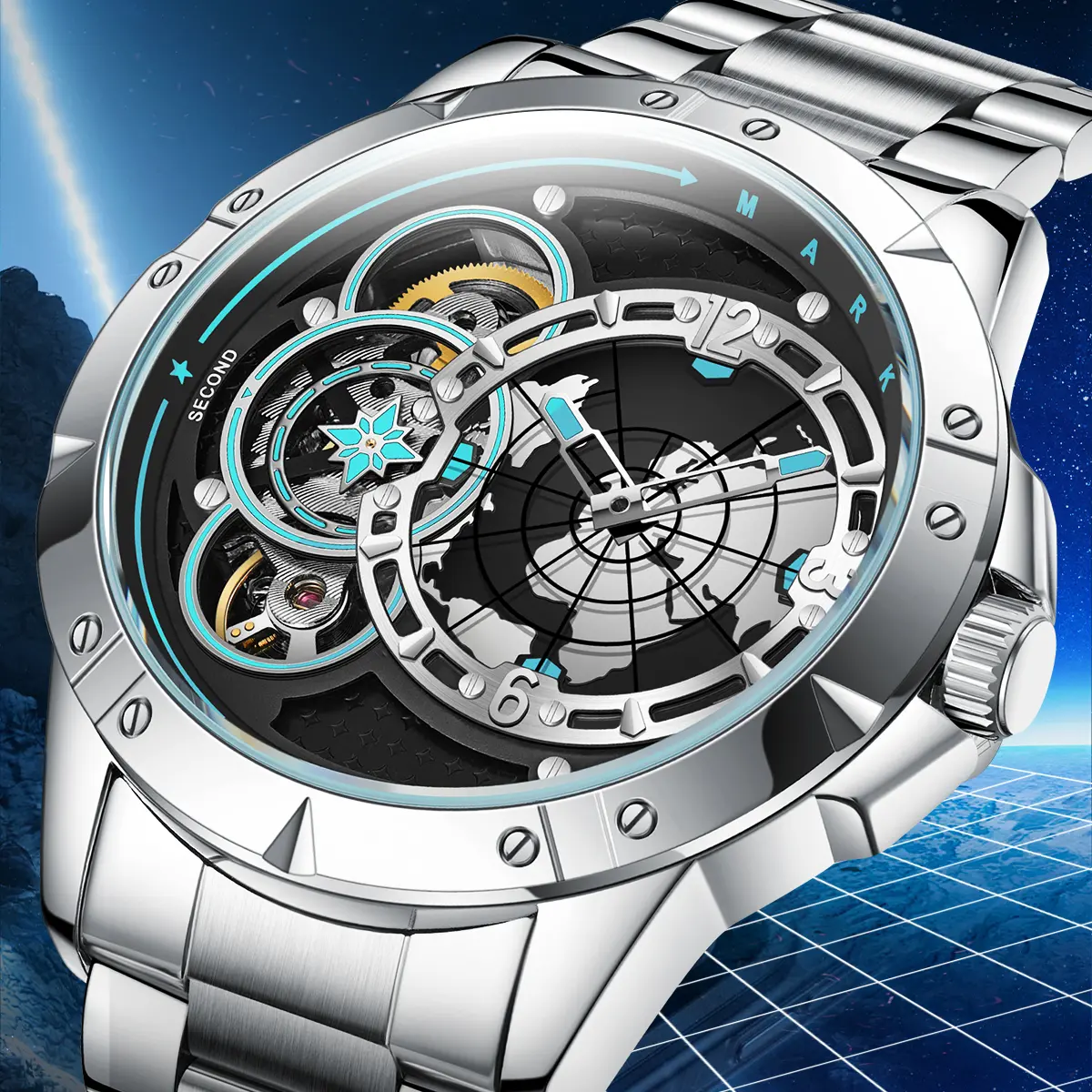 Dual Time Zone Men’s Automatic Mechanical Watch with Tourbillon, Precise Timekeeping, Steel Strap, Luminous Display, Water Resistant, Drop Resistant, Includes Packaging