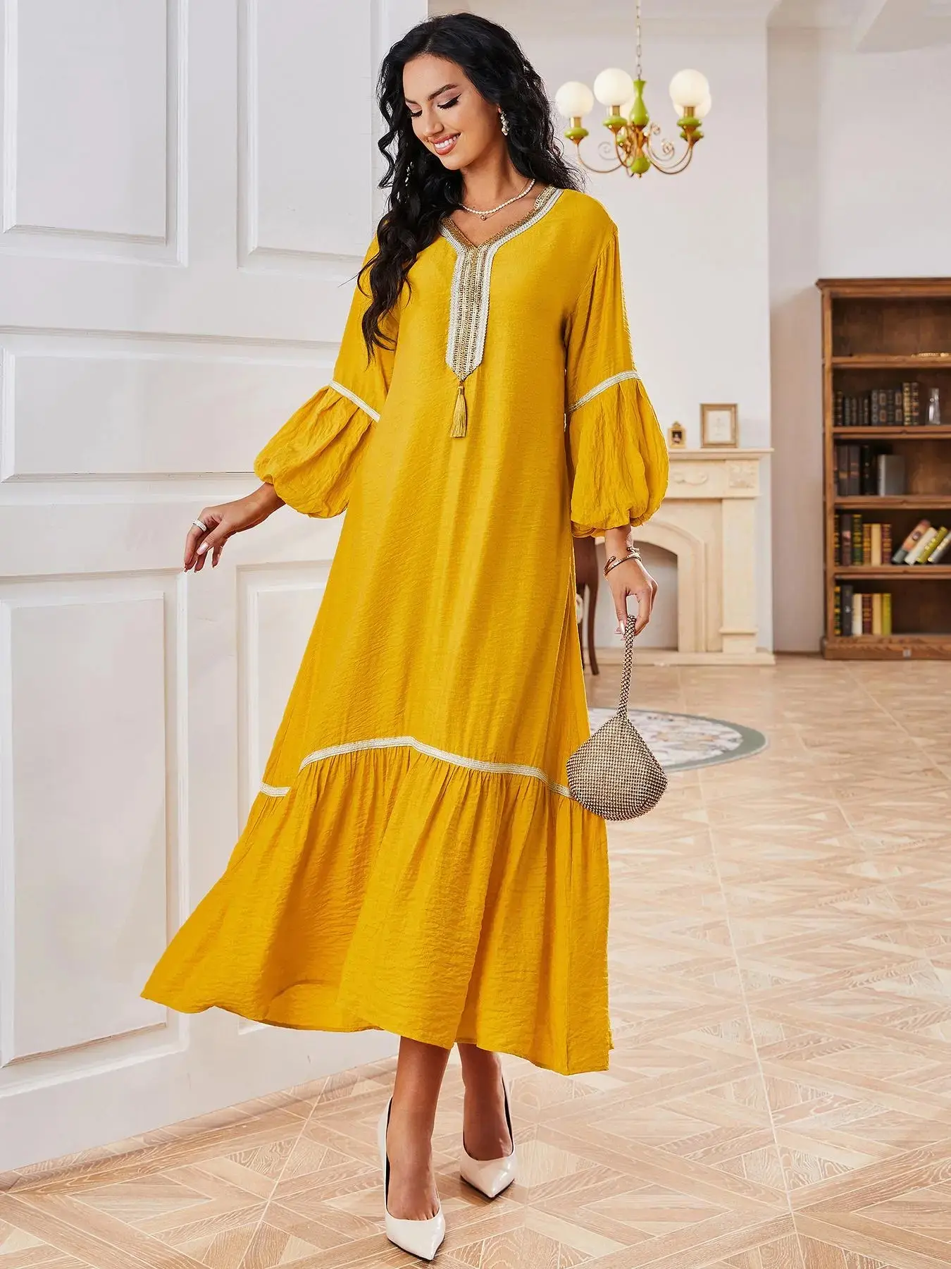 Women's Bishop Sleeve Ruffle Hem Contrast Binding Plain Dress