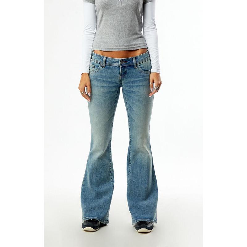 Pacsun Women's Alana Ultra Low Rise Flare Jeans Button Pockets Light Blue