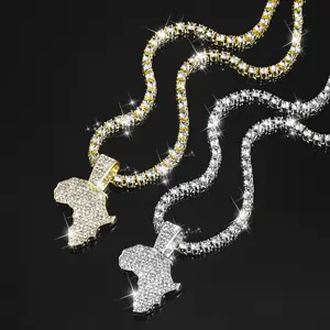 Gold/Silver Plated Iced Out Africa Map Pendant Tennis Chain Necklace Hip Hop Style for Men，A very popular necklace
