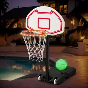 LED Pool Basketball Hoop | Height Adjustable 3–4.6 ft, 15" Illuminated Rim, Glow-in-the-Dark Basketball with Pump, Portable Poolside Game Set