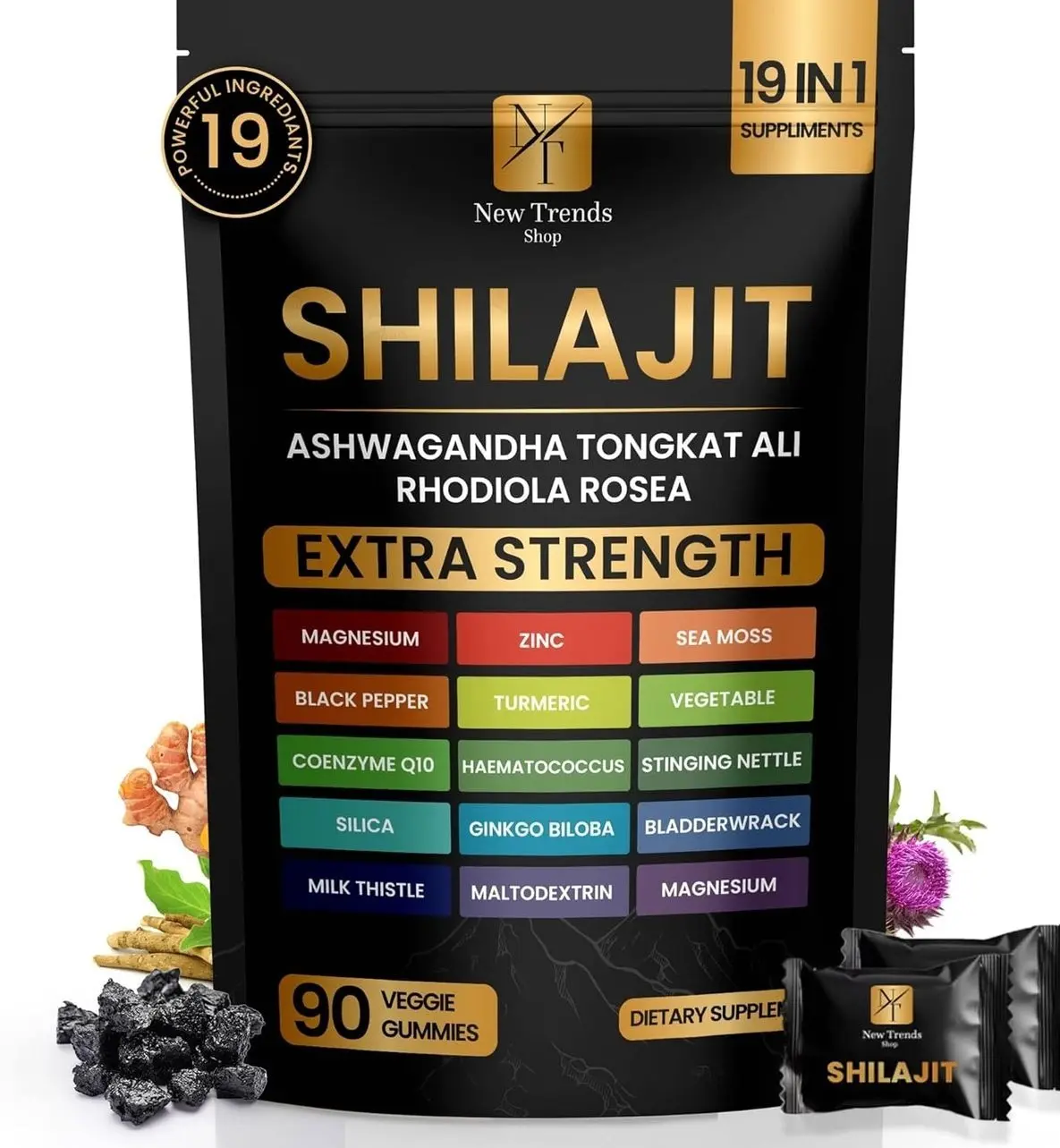 Shilajit Gummies 19 in 1 with Sea Moss, Ashwagandha, Tongkat Ali - Shilajit Pure Himalayan Organic Fulvic Acid Gummies- 90 Count