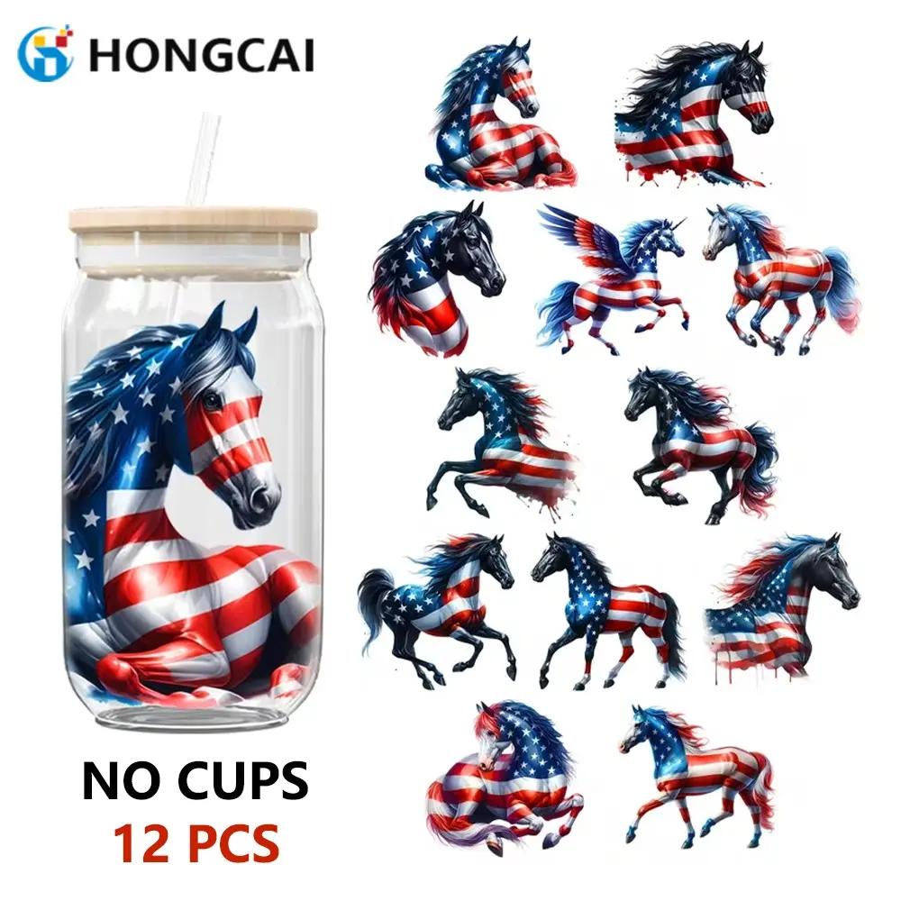 Independence Day Usa Flag Horse UV Crystal Stickers, 12pcs DIY Glass Cup Decor, Waterproof, Durable, Patriotic, Cross-Border Craft