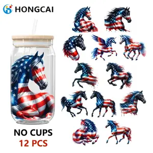 Independence Day Usa Flag Horse UV Crystal Stickers, 12pcs DIY Glass Cup Decor, Waterproof, Durable, Patriotic, Cross-Border Craft