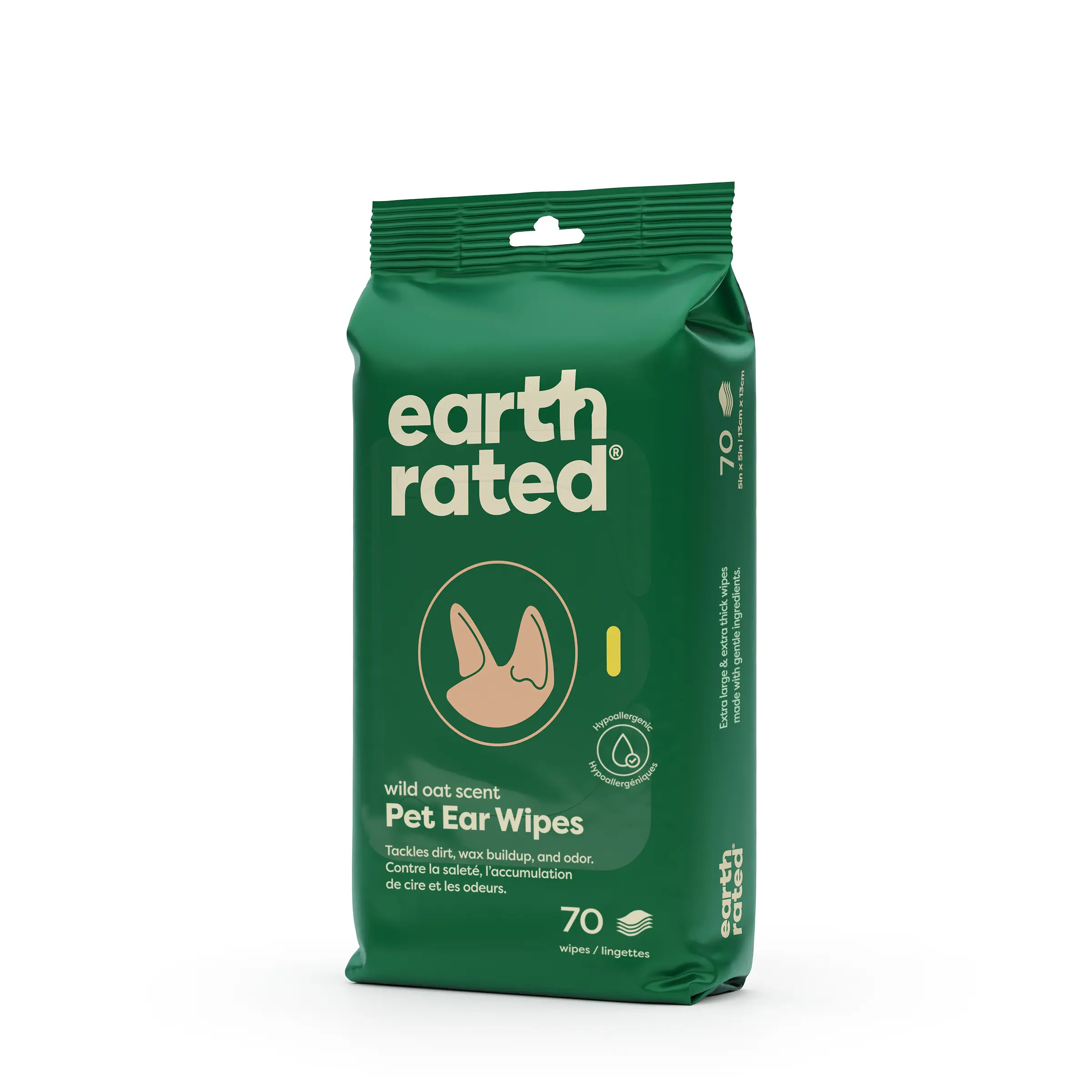 Earth Rated | Dog Ear Wipes, Vet-Developed Pet Ear Wipes for Dogs & Cats, Hypoallergenic Cleaner to Remove Dirt and Wax, Wild Oat Scent, 70 Count