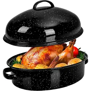 Roasting Pan with Lid & Rack 18 Inch  Deep Oven Baking Pot, Enamel Granite NonStick Oval Carbon Steel  Roaster Pot for Turkey Chicken Steak   for Christmas Party