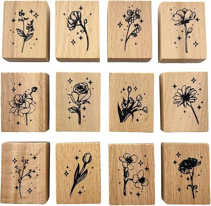 12Pcs Wooden Rubber Stamps Vintage Decorative Plant and Flower Wood Rubber Stamp Set for DIY Craft Card Making Scrapbooking Journal Planner