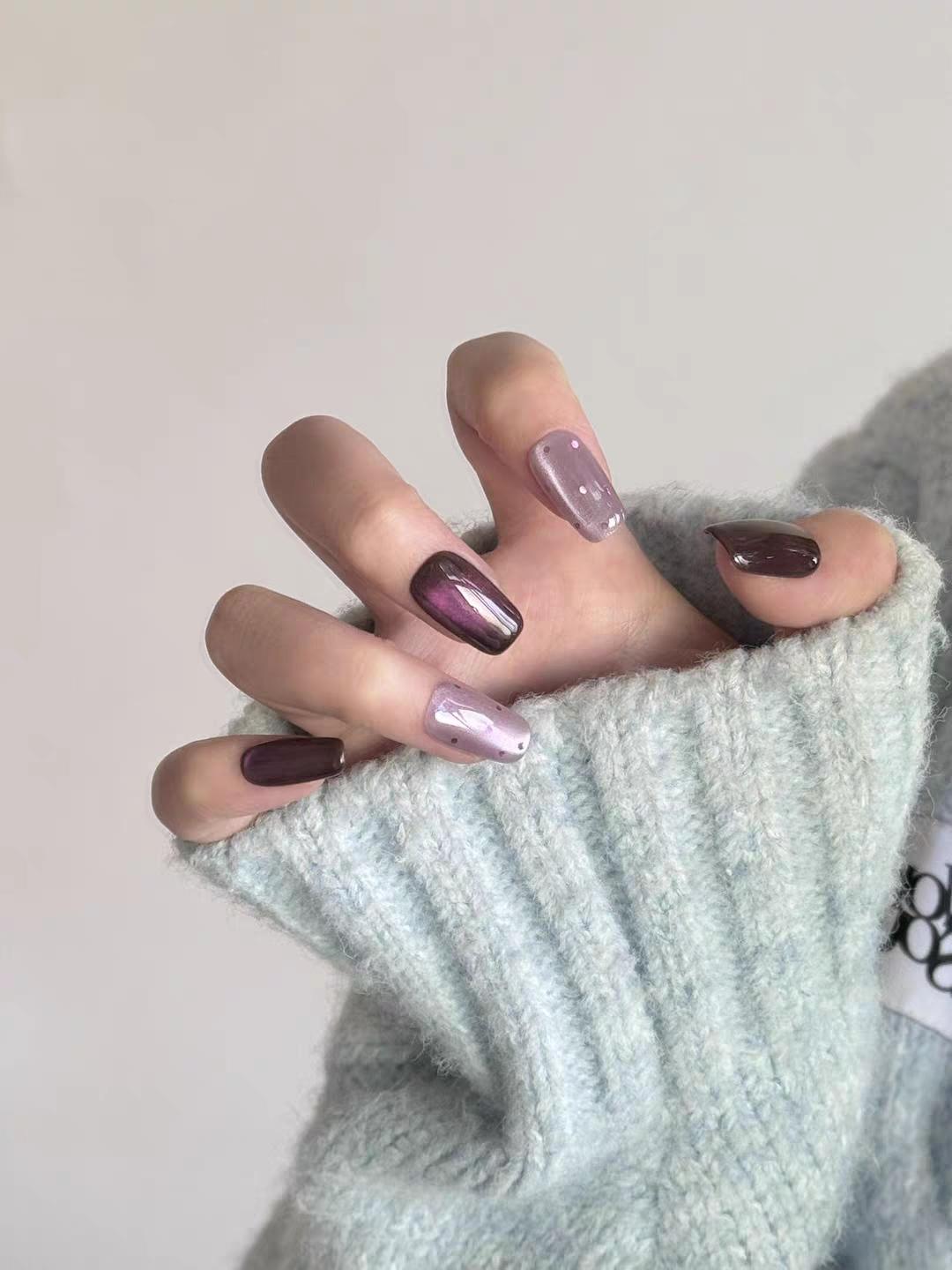 【Lucy UU】Gorgeous Grape Purple Cat Eye Press On Nails With Rhinestone Dots Short Square New Medium Square Shape Handmade Reusable Luxury Fake Nail For Women 【Lucy UU】Gorgeous Grape Purple Cat Eye Press On Nails With Rhinestone Dots Short Square New Medium Square Shape Handmade Reusable Luxury Fake Nail For Women