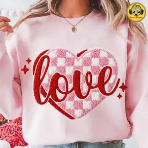 Love Heart Sweatshirt/Hoodie/Tshirt, Pink Checkered Fuzzy Patch Heart Graphic, Cute Coquette Valentine’s Day Love Shirt, Romantic Gift For Her Him, For Men and For Women
