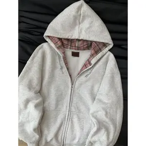 Retro Patchwork Plaid Gray Hoodie Women Autumn Zipper Cardigan Tops Versatile Loose Casual Outerwear Female