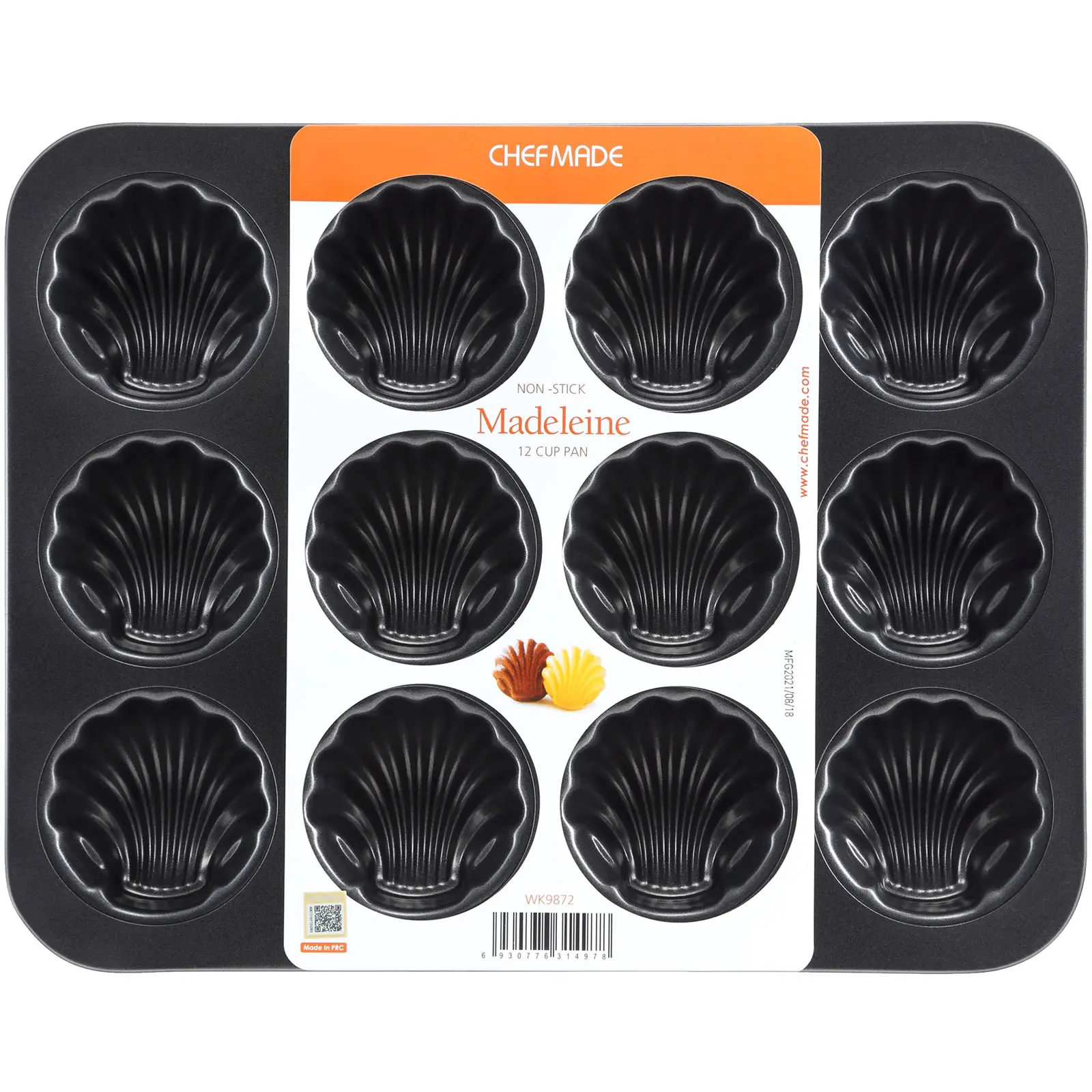 CHEFMADE Madeleine Mold Cake Pan, 12-Cavity Non-Stick Spherical & Scallop Shell Madeline Bakeware for Oven Baking (Black)