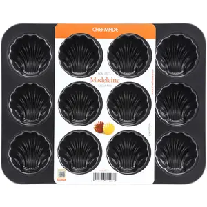 CHEFMADE Madeleine Mold Cake Pan, 12-Cavity Non-Stick Spherical & Scallop Shell Madeline Bakeware for Oven Baking (Black)
