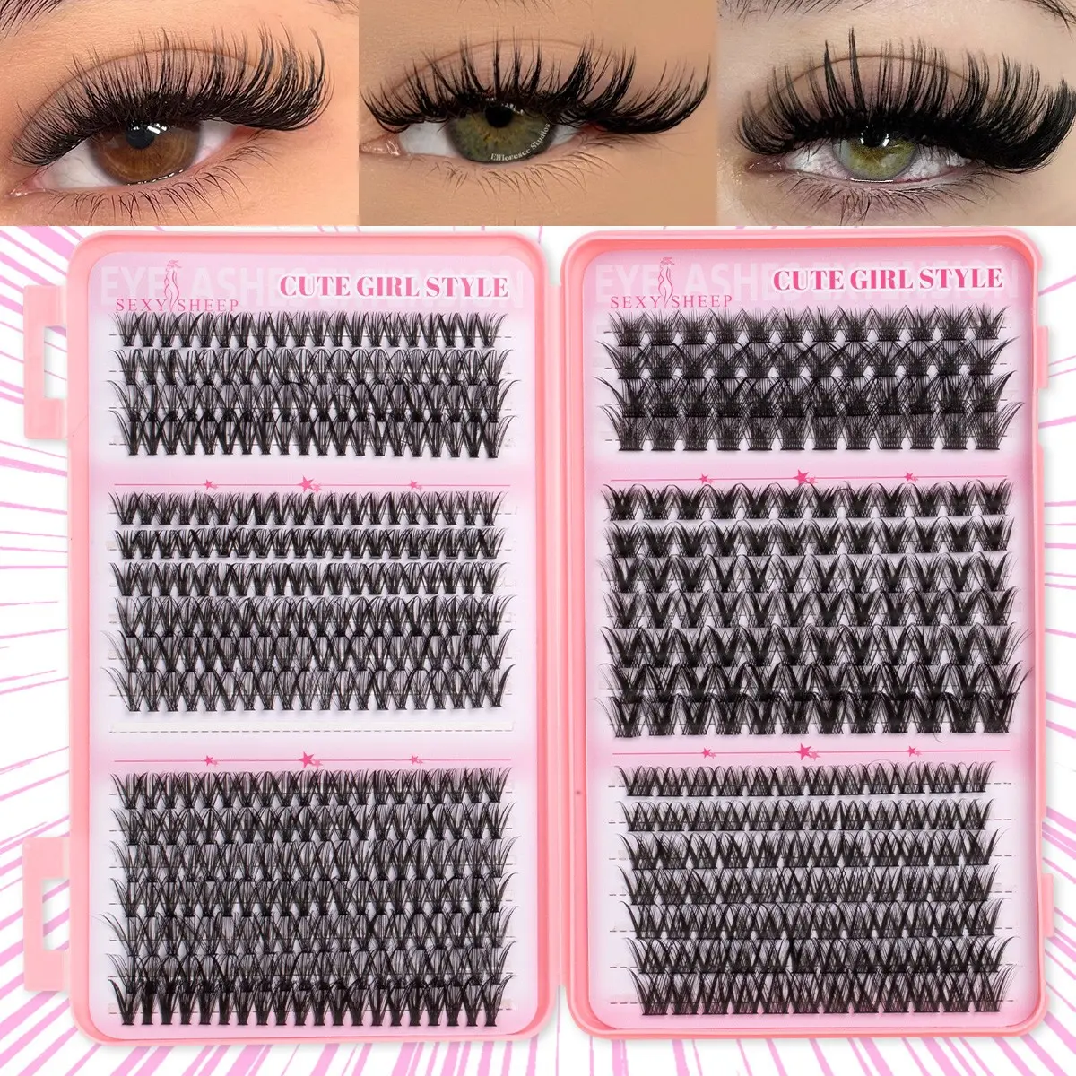 Mixed Length False Eyelashes with Bond and Seal & Remover & Tweezers, Eyelash Extension Kit, Natural Eyelash Extensions, Faux Clusters Lash for Eyelash Enhancements, DIY Eyelash Extensions, Lightweight, DIY Volume Eyelashes