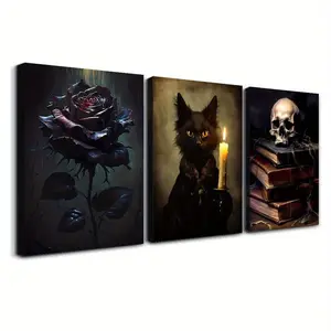 3PCS 2D Flat Gothic Halloween Canvas Wall Art Set - Black Rose, Cat & Skull Framed Prints, Ready To Hang for Home & Bar Decor, Ideal Spooky Mother’s Day Gift bedroom wall decor